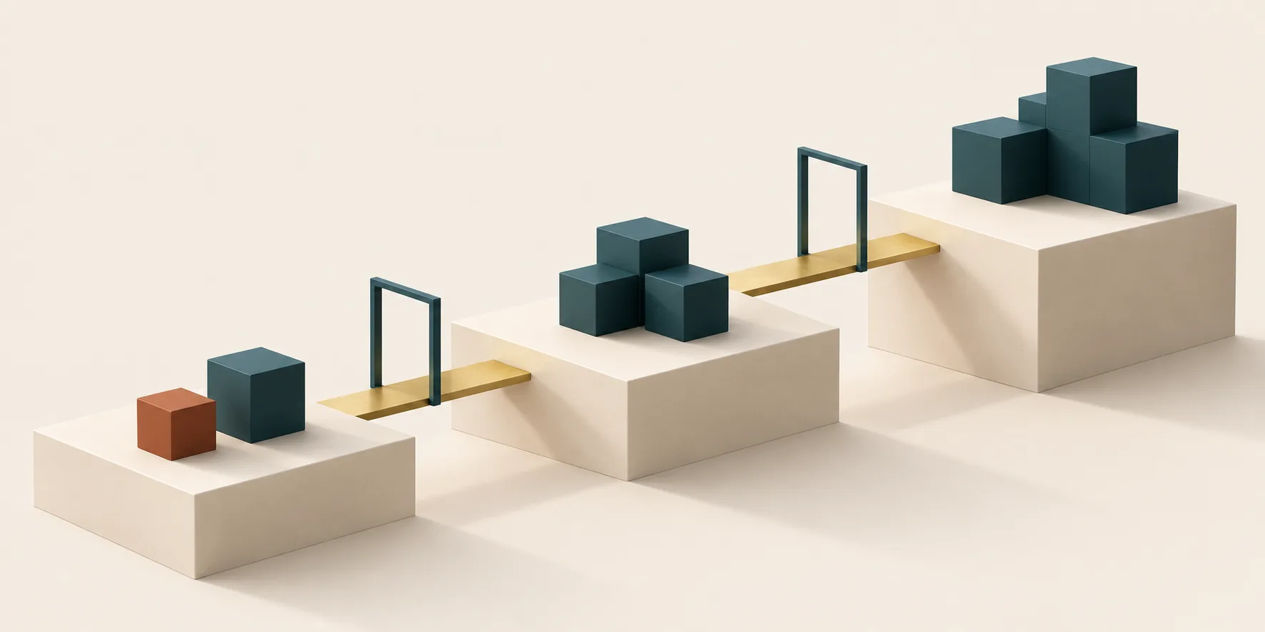 Cream terraces hold teal cubic structures linked by brass bridges and open teal frames, with a terracotta cube on the first terrace representing a staged AI workflow rollout