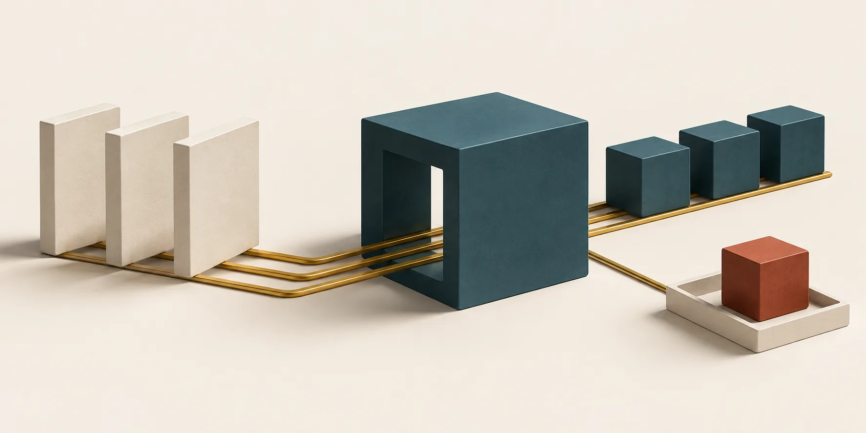 Cream document-like blocks feed brass channels through a teal inspection frame toward aligned teal cubes, with a terracotta exception cube on a separate tray