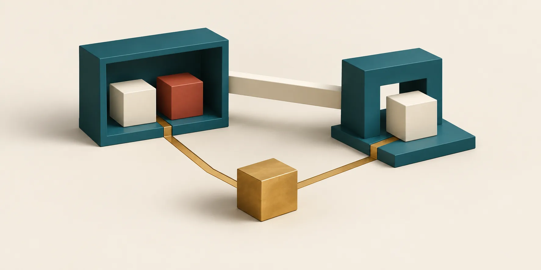 Brass paths connect a central cube to a sheltered pair of cubes and a separate teal gateway, with a cream bridge linking the two support routes