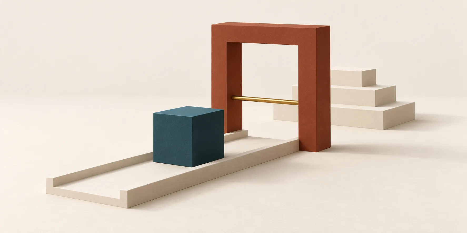 A teal cube waits on a cream track before a terracotta arch and brass barrier, illustrating an AI assistant's boundary before taking action