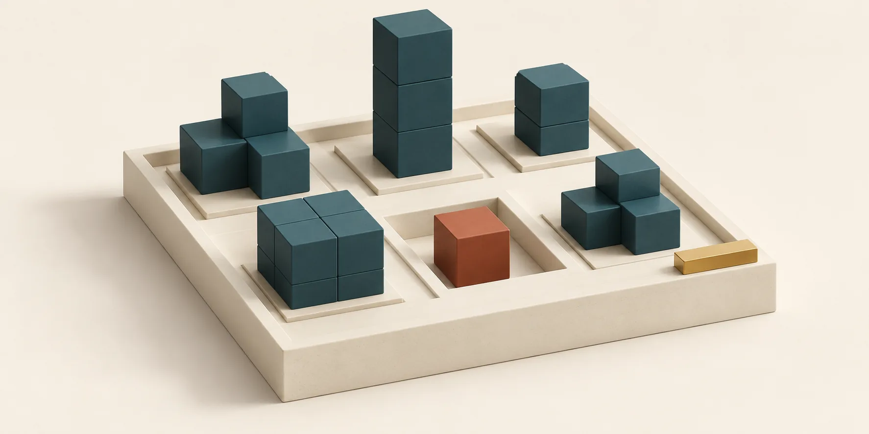 Teal cubic groups of different heights sit in a cream tray beside a separate terracotta exception cube and a brass marker, representing a balanced view of an AI rollout