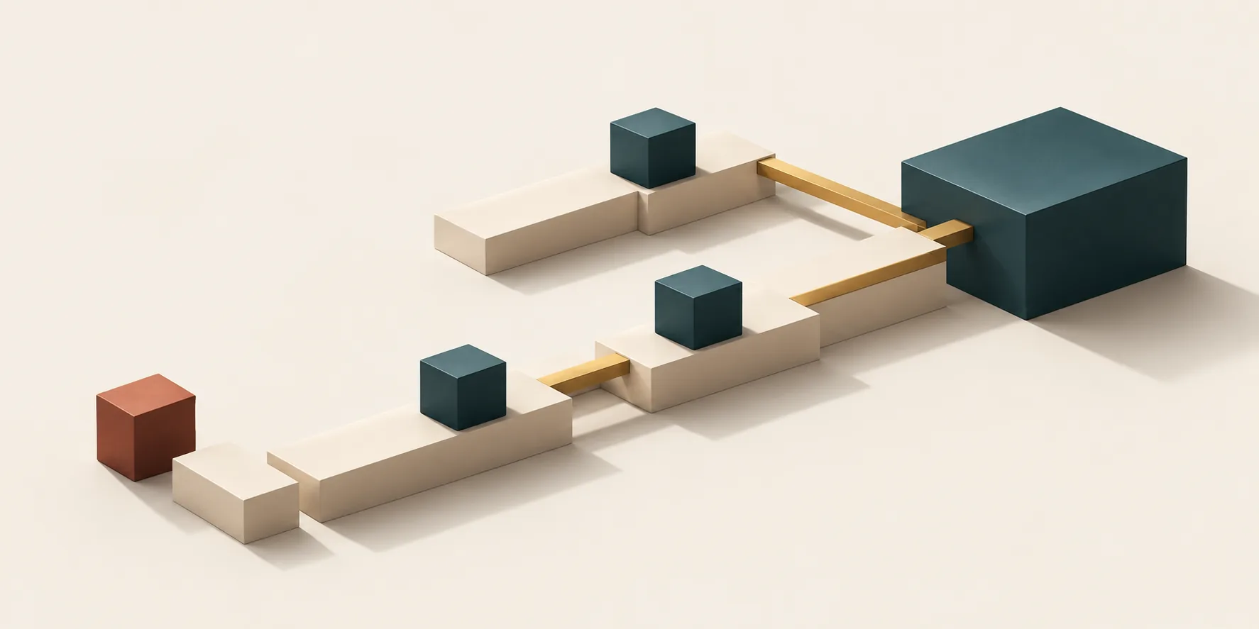 Teal cubes sit along two cream review paths with brass connections to a larger teal block, while a terracotta cube stands beside a disconnected starting segment