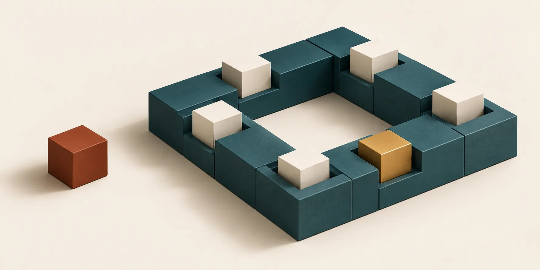 Interlocking teal cuboid modules form a squared loop with cream and brass cubes in its sockets, while a separate terracotta cube represents trial activity outside repeated workflow use