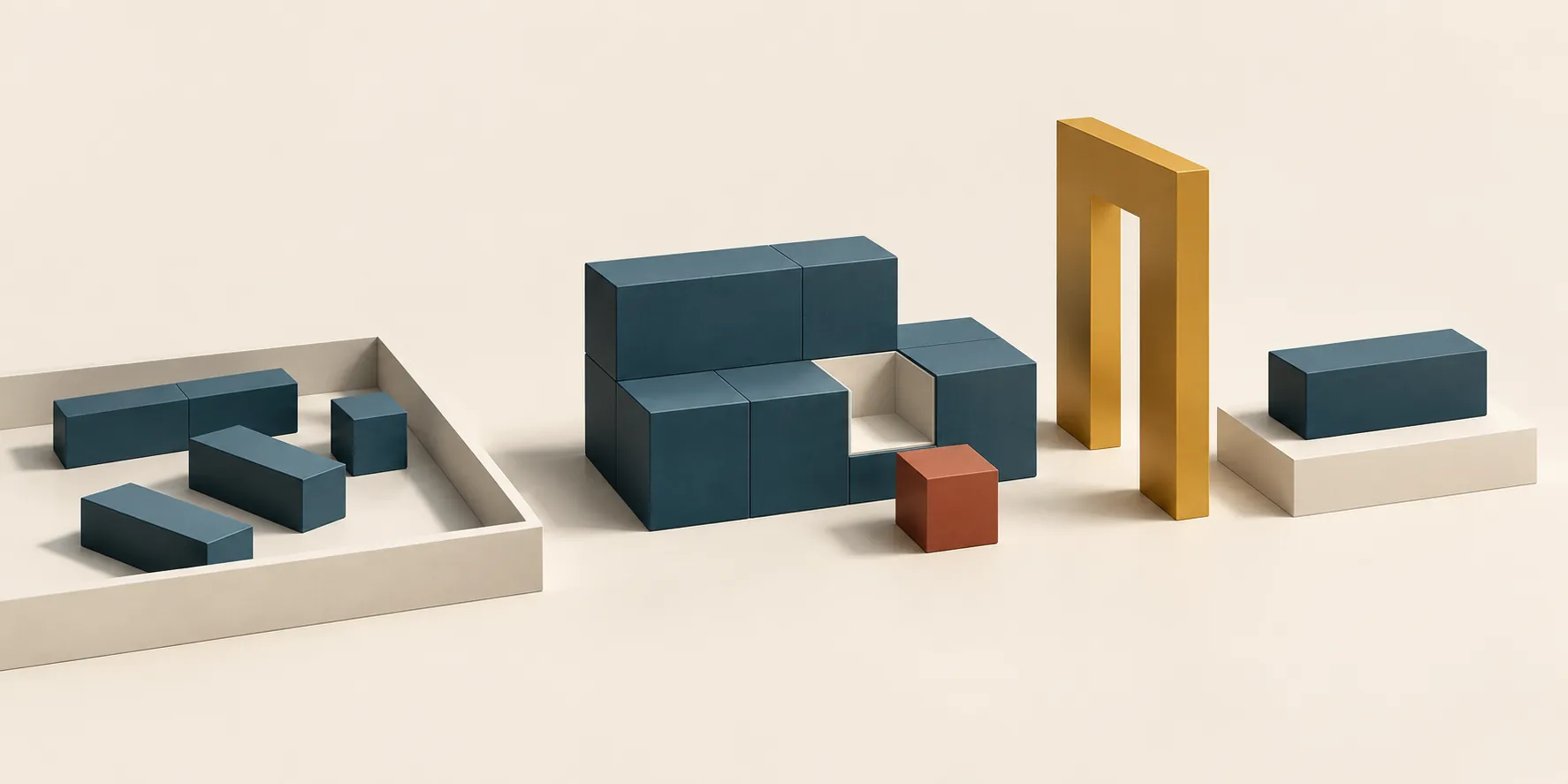 Loose teal blocks form an assembly with a missing slot and a terracotta cube, while a brass gate separates it from a finished block on a cream plinth