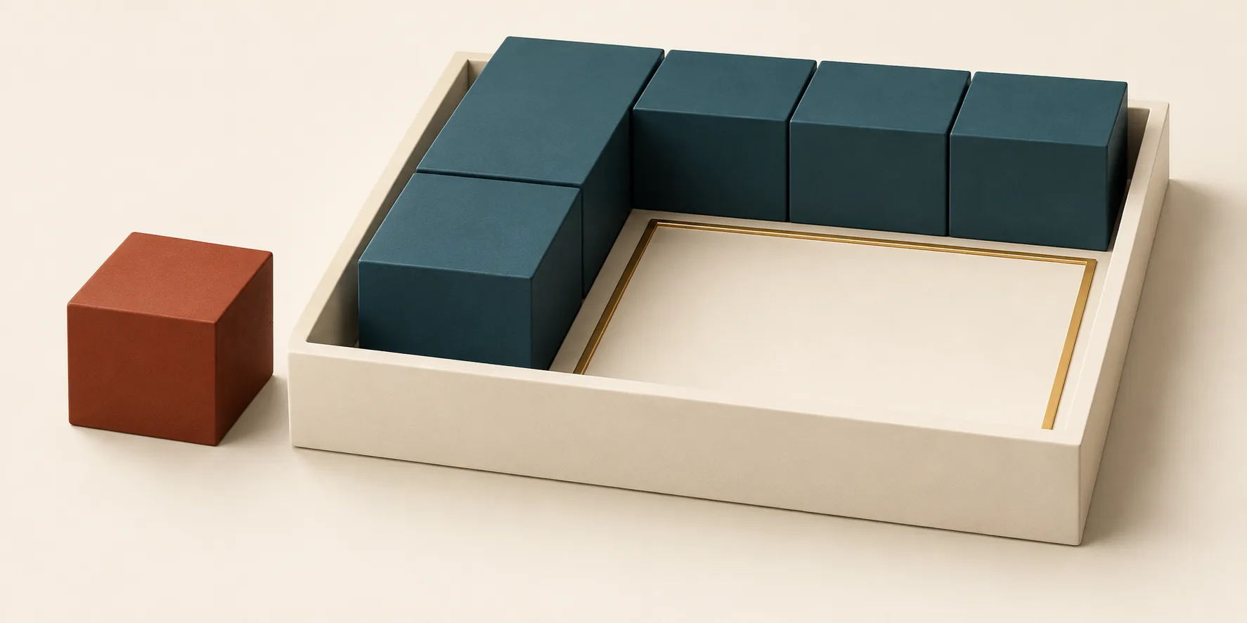 Teal cuboids line a cream tray around an empty square bay outlined in brass, while a terracotta cube sits outside the tray, representing protected learning time and removed work