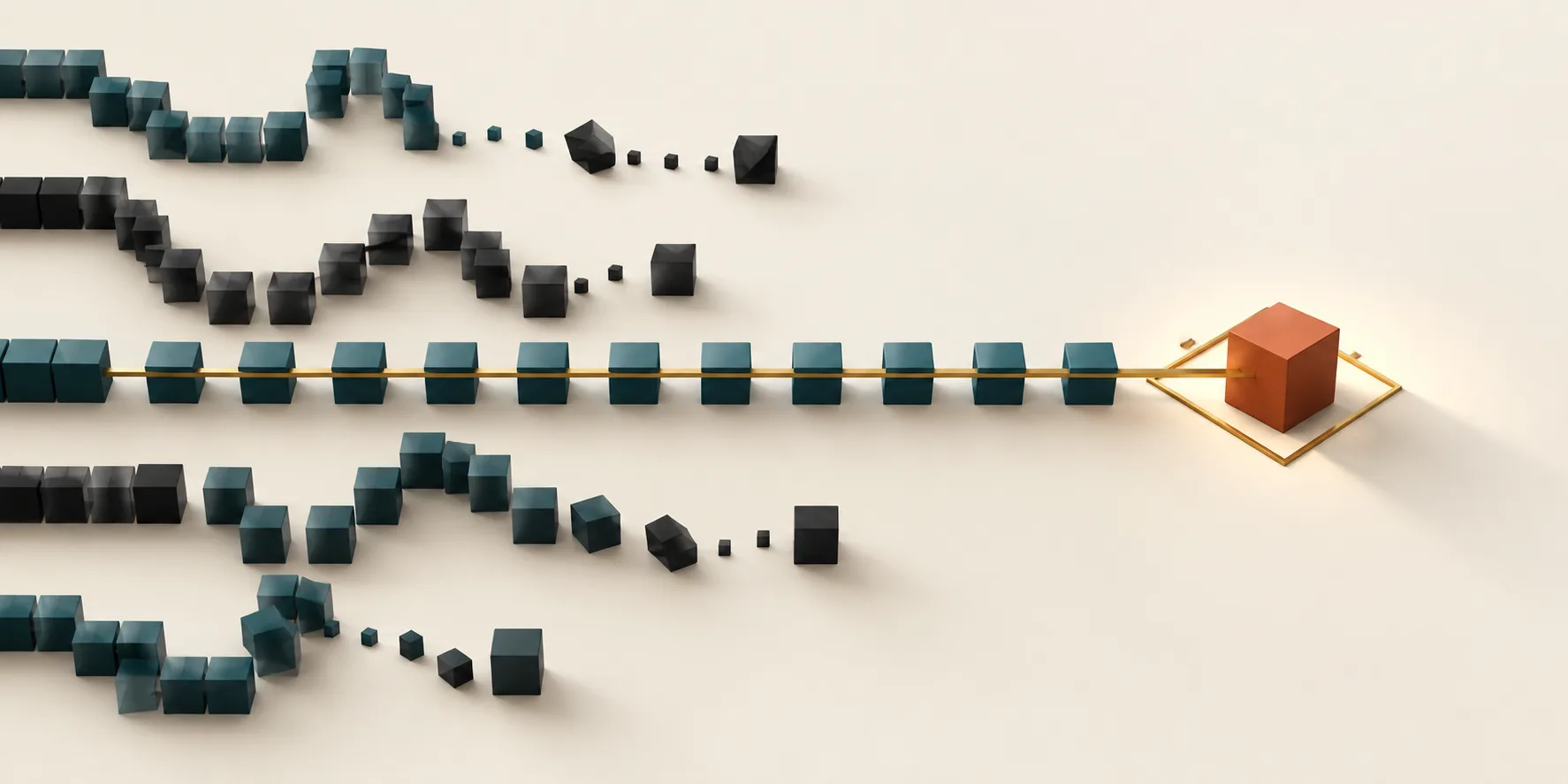 Several cubic workflow paths lead toward one terracotta cube, with a brass line marking the process selected for automation