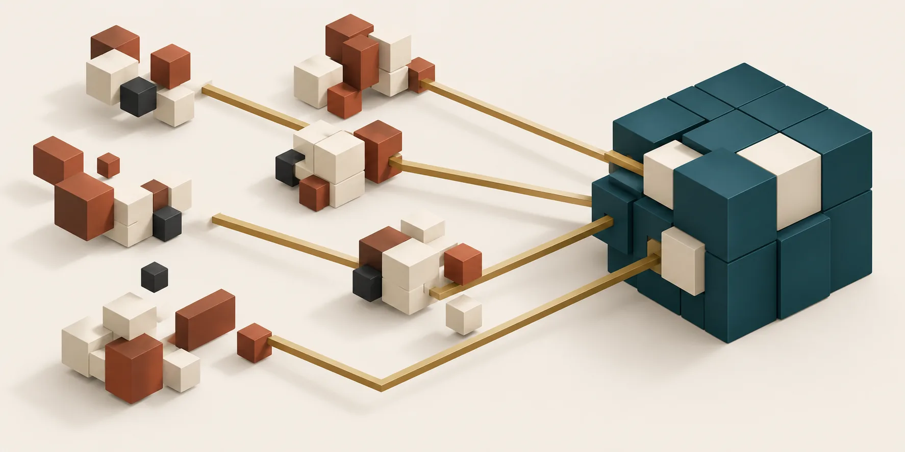 Separate cream and terracotta cube clusters connect along brass paths to a joined teal block, showing scattered customer records coming together