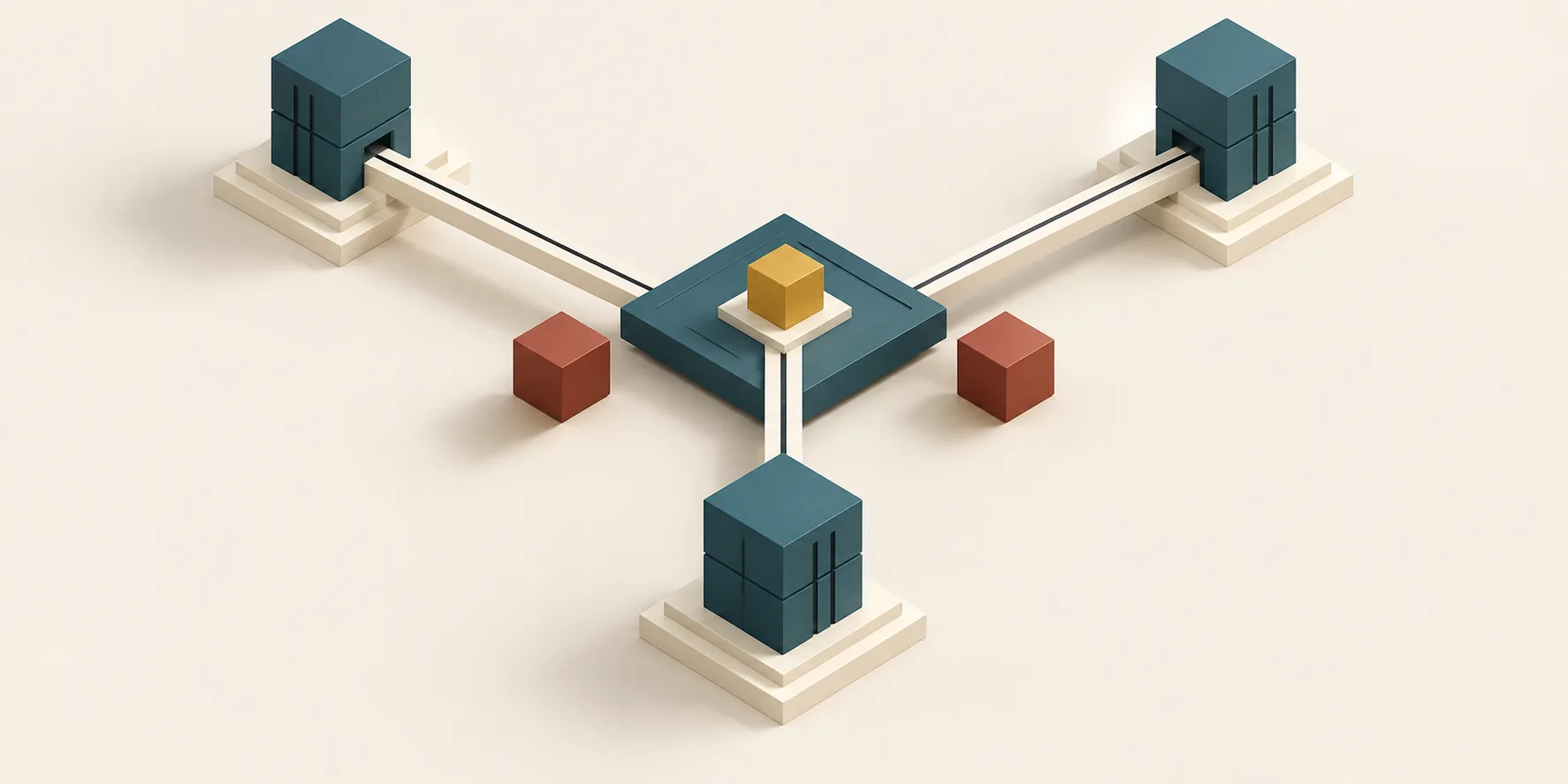 Three teal cubic towers connect to a central sorting platform with a brass review cube and terracotta exceptions, representing shared administration across healthcare sites