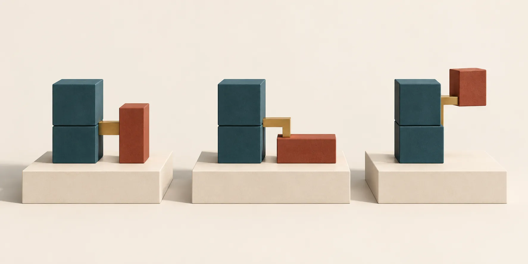 Three separate cream plinths hold matching pairs of teal cubes with different terracotta adapters and brass connections, showing a shared design with local variations