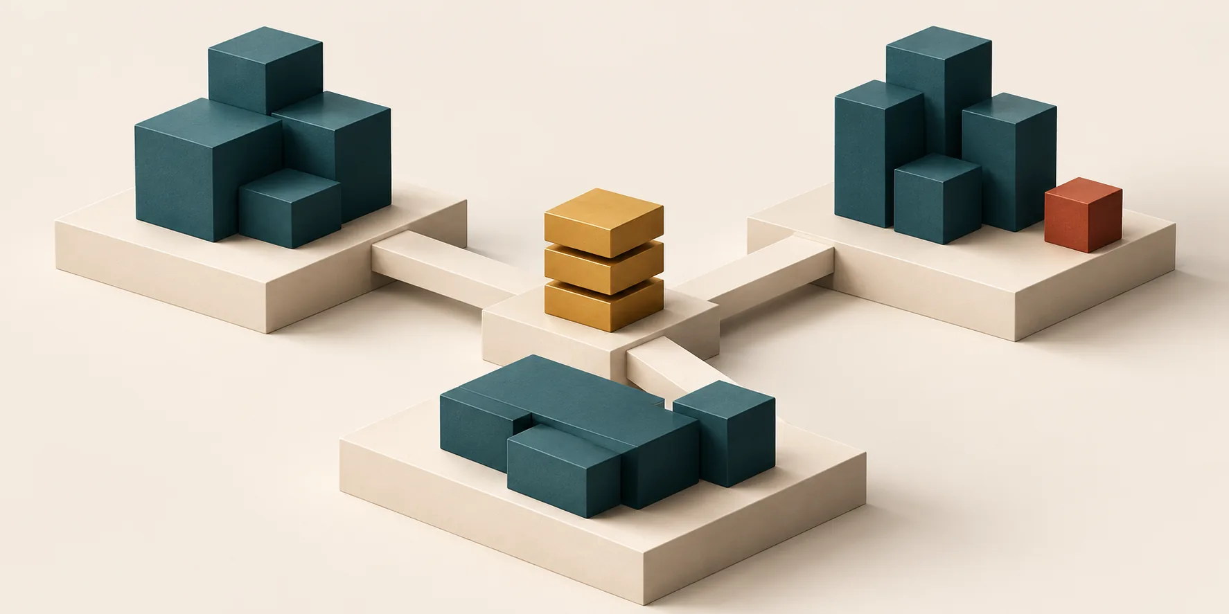 Separate cream plinths hold distinct teal cubic assemblies around a central brass module stack, with cream bridges and a terracotta cube marking a local decision
