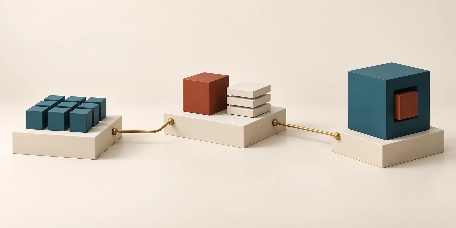 Three geometric cube assemblies on cream plinths, with teal and terracotta blocks and brass connections, representing different ways to handle a business task