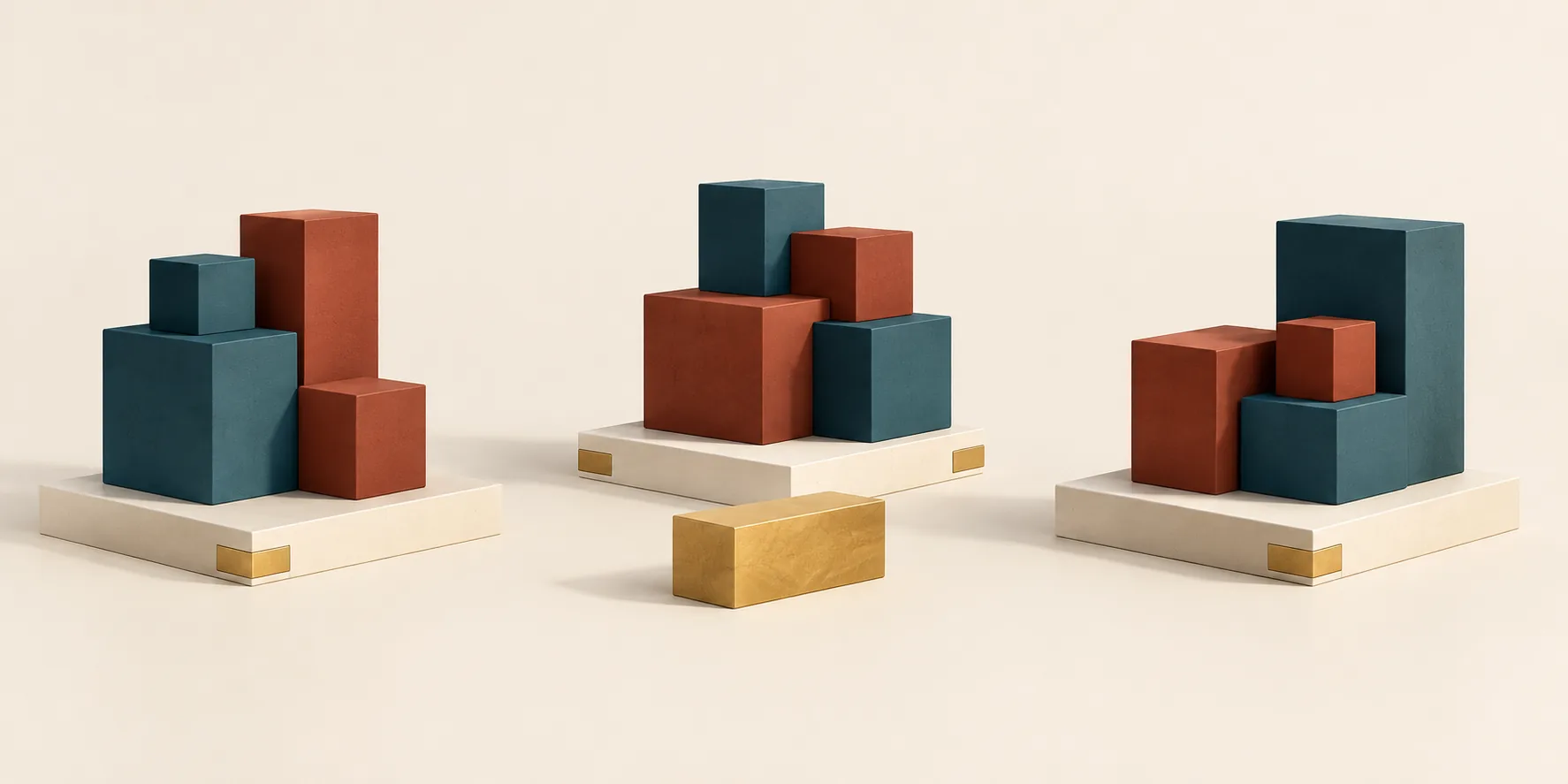 Separate teal and terracotta cuboid clusters sit on cream plinths around a brass module, illustrating shared engineering support for distinct portfolio companies