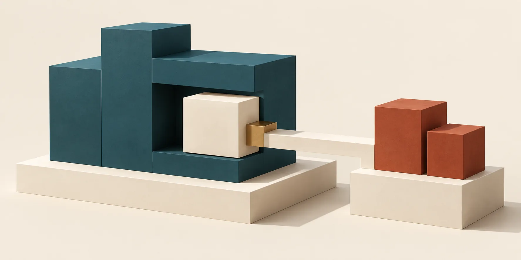 A fitted cream module and brass connector sit inside a teal structure, with a short cream bridge to terracotta cubes on a separate delivery platform