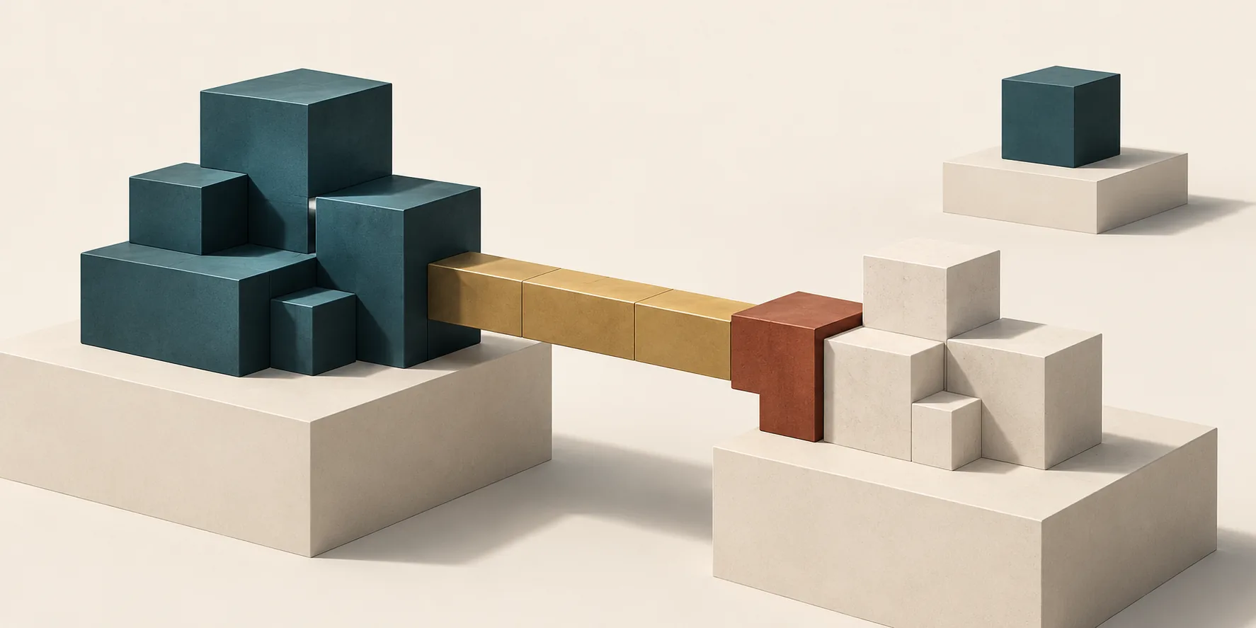 A brass bridge connects a teal company assembly to a cream customer-system cluster through a terracotta adapter, while another teal cube stays separate