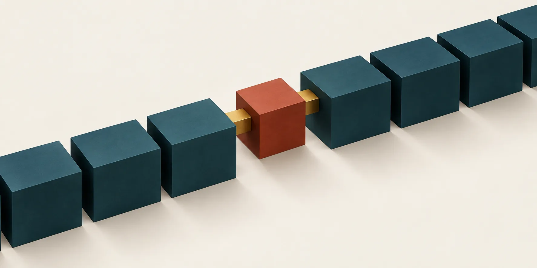 A terracotta cube and short brass connectors complete a path between separated deep teal workflow blocks